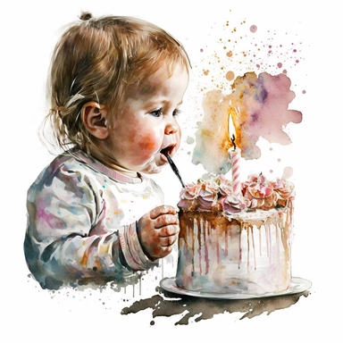 a first birthday cake with watercolor effect,a little happy girl blowing the candle,suitable for digital clipart,white background,a one birthday candle on the cake