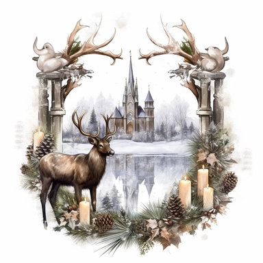 vintage design, advent wreath around, christmas theme with moose oil paining Clipart Collection in beautiful winter landscape with a lot of snow and a small lake and a small town with church, advent wreath around, christmas theme, detailed, isolated, white background, one pattern