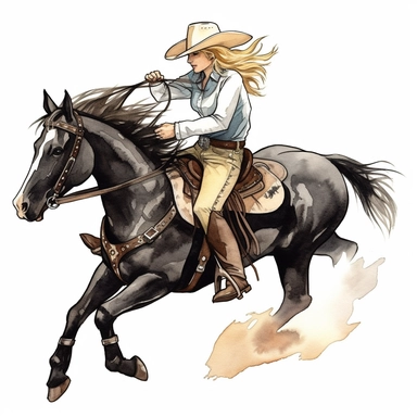 beautiful clipart of a blonde cowgirl riding a black bucking bronco horse in water color on a white background