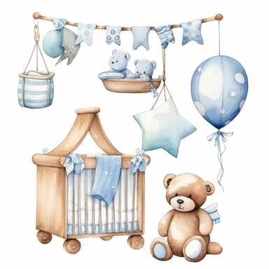 watercolour clipart of newborn nursery items, including cot, dummie, hanging mobile, baby shoes, featuring cute teddy bear with white background