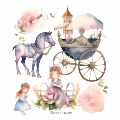 cute hand drawn watercolor clipart set on white background featuring horse and carriage, like this