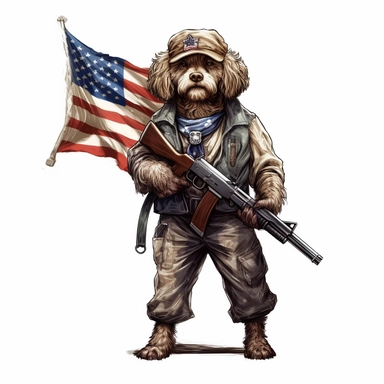 a dog wearing american clothes carrying a firearm american soldier style, clipart, high resolution, detailed, isolated white background, 8k