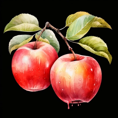 Watercolor apple hanging from a tree clipart, white background, realistic with high details, beautifully colored with strong palette pastel colors, 32k hd