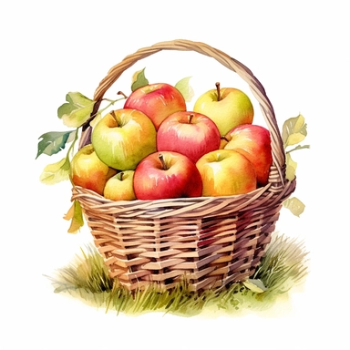 picturesque, simple, bright, the best simple Assorted apple in a basket in the world, clipart on white background, watercolor, painted by Beatrix Potter, 8k