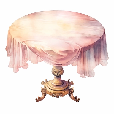 victorian style close up empty top round table with sheet on it clipart isolated on a white background, top down shot, clean edges around image, in the style of realistic watercolors illustrations, blush pink cream and soft shiny gold pastel color palette, in brush style of Willem Haenraets, feminine sensibilities, detailed illustrations, heavy shading, delicate painterly touch, 300 dpi