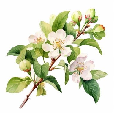 branch of apple tree with flowers and green leaves, watercolor clipart