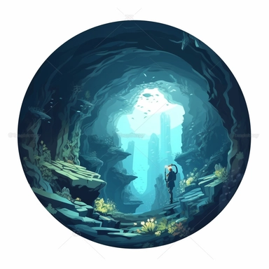 a Super Gorgeous deep sea diving cave, 2D concept simplified illustration on white background. clipart, highly detailed, vibrant, ultra high quality, 2D vector, best quality, no watermark