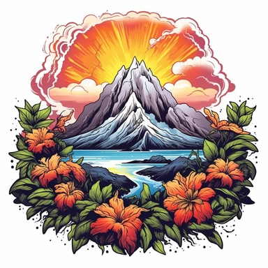 volcano erupting, close up, a sticker, artwork of t shirt graphic of majestic forest, in digital painting style , beautiful flowers, sunset mountains and clouds , big vines, stone temple covered in vines, white background, colorful fantasy flower surround, highly detailed clean, vector image, photorealistic masterpiece, professional photography, realistic, flat white background, isometric, vibrant vector, clipart, illustration, realism, 4k, , cinematic, front view, white background, paradise, ex