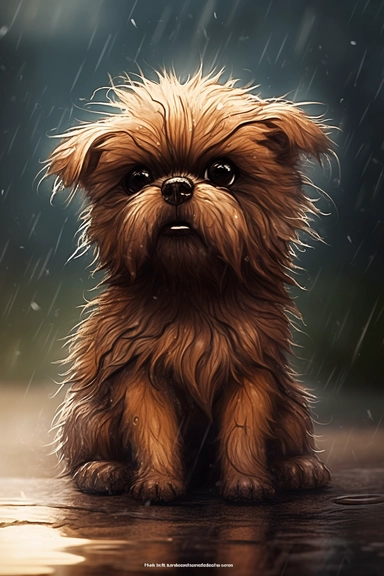 clipart of a blend of an adorable and a super cute, fluffy dog growling at the puddle while playing outside on a rainy day, clipart, bold, creative, sad rainy day, unreal engine.