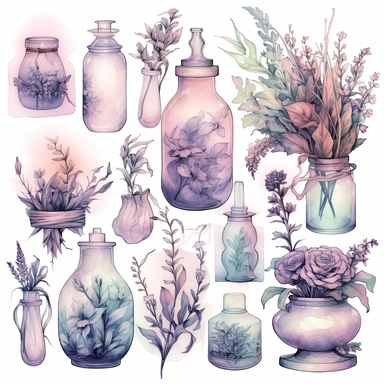 Pastel spooky witches herbs and botanicals clipart image, in the style of mystic mechanisms, subtle pastel tones, pencil art illustrations, soft pastel tones, reimagined by industrial light and magic, litho printing, illusory images, watercolor clipart