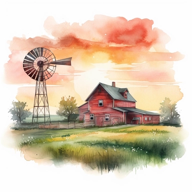 A serene farmhouse nestled in the countryside, with a red barn, windmill, and a picturesque sunset in the background, american style, clipart, watercolor