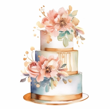 clipart, isolated on white background, Watercolor cake with flowers, gold colored, ornated, pastel colors