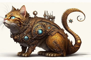 clipart, A beautiful cat with a steampunk-style mechanical fish in its paws, hd, on white background,