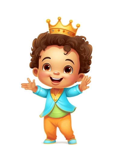 Cartoon baby prince, happy, with hands holding, clipart, white backdrop, no watermark