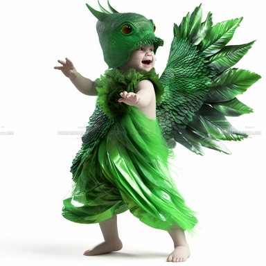 green baby girl Godzilla, looks like an alien, doing high step dance moves, wearing a designer dress made from Phoenix feathers , ultra high fashion, wearing ruby neck scarf, techno lighting, disney cuteness, plain white background, cutout clipart