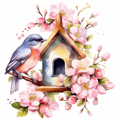 clipart, isolated on white background, beautiful cute Watercolor Spring bird Feeder, flowers and branches and leaves, ornated, pastel colors