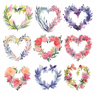 a set of different iv heart shaped wedding wreath, png clipart, in the style of angela barrett, happy expressionism, jim dine, positive/negative space, vicente romero redondo, paper cut-outs, watercolorist