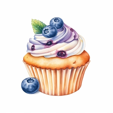 light Watercolor Yummy blueberry cup cake clipart, hd, single object, white background, no text watermark