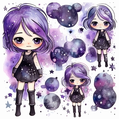 watercolor funny create kawaii marbled black ,silver, purple chibi school spirit clipart, isolated on white background,space out--ar3:2--s1000