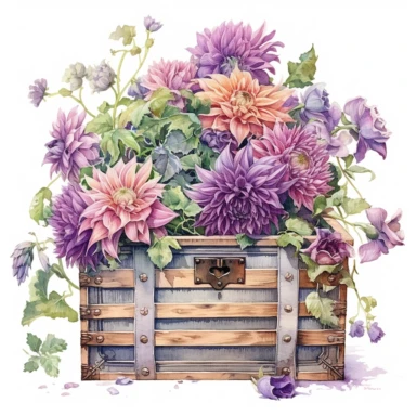 Empty open old chest full of breathtaking english purple roses and dahlias in pastel combo, by ann buccarelli , watercolor, white background , watercolour, insanely detailed, on white background, amazing colour combo, with detailed watercolor blooms of spring garden flowers white/ purple/ green, bec winnel, intricately textured, close up, walter Langley, lucy grossmith, heavy impasto technique, detailed shading, atmospheric watercolours, on white background clipart