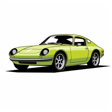 A stylized clipart representation of the 1975 Saab Sonett III in a 3/4 front view. The car's unique design is emphasized with sleek, curved lines and minimal detailing. The lime green color of the vehicle creates a vibrant and eye-catching presence against the pure white background. The angular headlights and distinctive grille are simplified into geometric shapes, while the body of the car is depicted with smooth curves. The wheels are represented as circular forms, and the overall composition 
