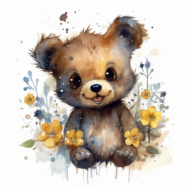 a moving Teddy bear with cute big eyes, happy smiling face, cute animal, adorable, playful atitude, adorable watercolor animal clipart with a few plant and flowers decor, no background, high quality very sharp with clear focus