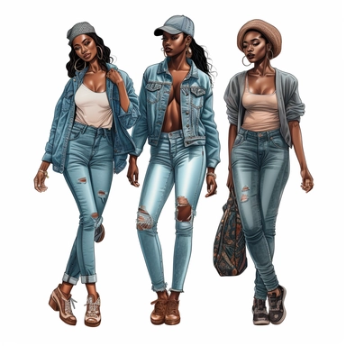 Full body, four full-figure African-American women with brown skin, streetwear, clipart style, white background, highly detailed, very attractive, glamorous, make up beautiful, gorgeous, glowing, happy, smiling