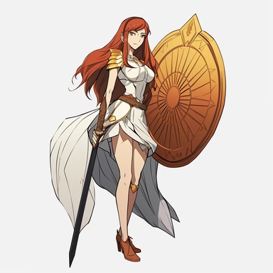 Athena holding Aegis shield and her spear Tokyo Ghoul anime style, clipart on white solid background