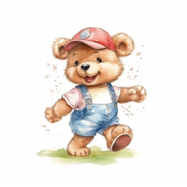 Cute baby bear clipart, happy expression, standing in dynamic pose, full body,2000s color scheme, wear a baseball cap, Graphic T-shirt, front view, in the style of watercolor cartoon clipart, kate greenaway style, high resolution, composition free space,watercolour clipart, watercolor illlustration for kids and children, isolated white background, clipart most popular on etsy, book illustration, featured on dribble, print on demand image, PNG tranparent background, composition medium shot, no te
