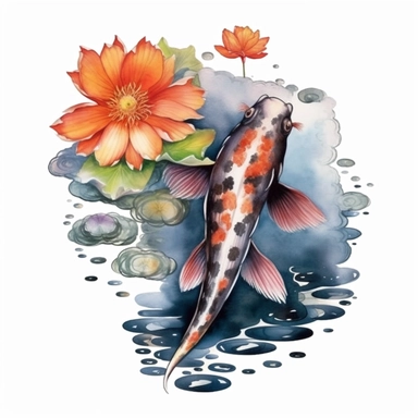 beautiful japanese a koi fish in dark pond, lotus flower and leaves, watercolor style, Sublimation Clipart,hyper realistic, intricate detail, illustration style,high solution,on the white background