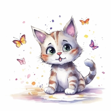A cute baby cat playing with butterfly, Perfect for nursery art and children’s book illustration style, simple, cute, light color, clipart, watercolor illustration, single object, white background for removing background