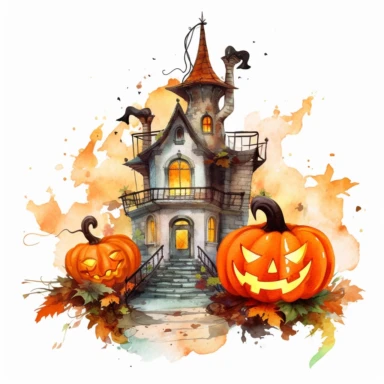one halloween pumpkin house background clipart on a white background, in the style of Watercolor, poured resin, realistic watercolors, light brown and white, tupinipunk, transparent layers, no watermark, text, 300 DPI , typography, shapes do not stick together, no text in the picture, on a white background