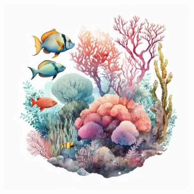 watercolor ocean coral reef with pastel coral and colorful sea life and tropical fish clipart white backround