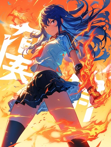 Ikki Tousen Ryomou Shimei Japanese manga series, paint art style, clipart, school background, superrealistic, one of a kind. The artwork features a dynamic, action - packed composition, with swirling energy blasts and dynamic poses adding to the sense of motion and excitement. The lighting is dramatic and moody, with deep blues and purples creating a sense of tension and danger. The overall mood is one of fierce determination, as Frieza battles to overcome his opponents.