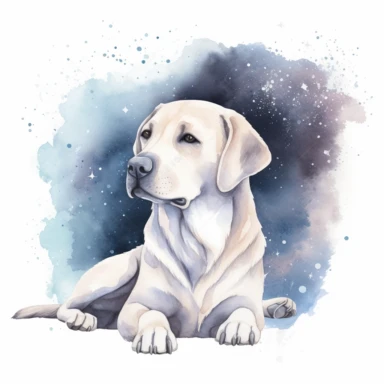 celestial watercolour Labrador clipart, on white background, stars, nebula, moon, galaxy, no text, no watermark, soft colours