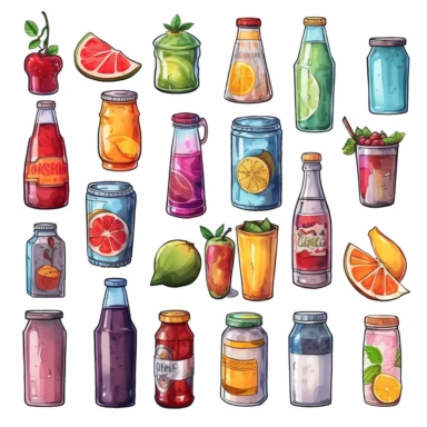 watercolor, Cold drinks set. Soda water, sweet fizzy beverages, fruit cocktails, juices, and lemonades in glass and plastic bottles, aluminum cans, and tins. png Full body realistic cartoon in 32K UHD cute. 15 cm thick outline. Black color. There was no shadow on the ground. 8k with realistic watercolors and detailed illustrations. PNG clipart, transparent white background