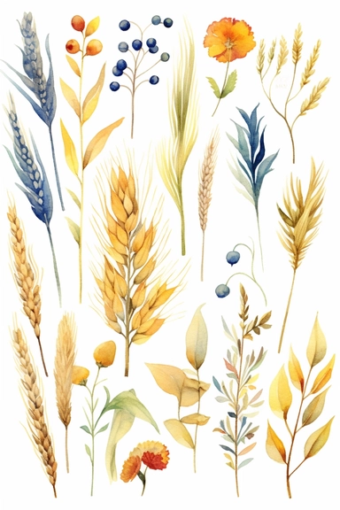 watercolor different grasses and cereal plants, solid background, clipart