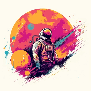 Artwork for t shirt graphic of majestic vibrant color magnificent funny astronaut with planets and solarsystem in the Back, starting Rocket from the ground, in a pencil drawing style, A vibrant featuring a sun setting over a futuristic City, with a soft pink sky and a hint of orange in the horizon white background, colorful shades, Centered, highly detailed clean, vector image, photorealistic masterpiece, professional photography, realistic, flat white background, isometric, vibrant vector, clip