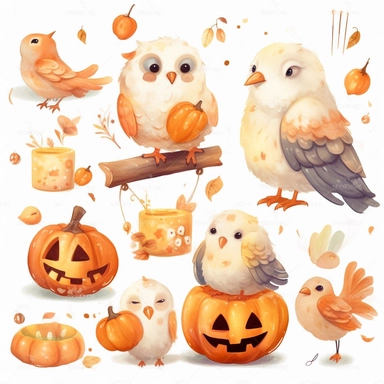 Whimsical oil paint cute clip art trick or treating clipart halloween with bird, single items, cute items, oil paint, no background. Clear simple shapes, cute, high quality, Procreate art, HD, 8k, detailed, wax crayons style illustration, digital illustration, white background
