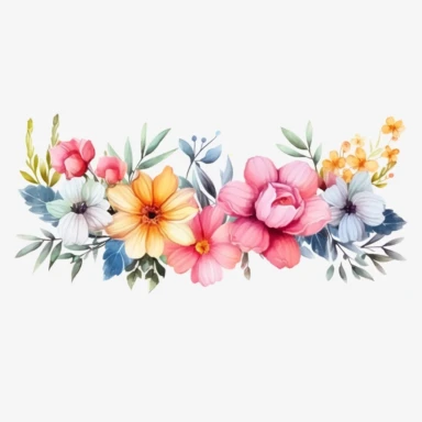 watercolor, Horizontal white banner or floral backdrop decorated with gorgeous multicolored blooming flowers and leaves border. Spring botanical png Full body realistic cartoon in 32K UHD cute. 15 cm thick outline. Black color. There was no shadow on the ground. 8k with realistic watercolors and detailed illustrations. PNG clipart, transparent white background