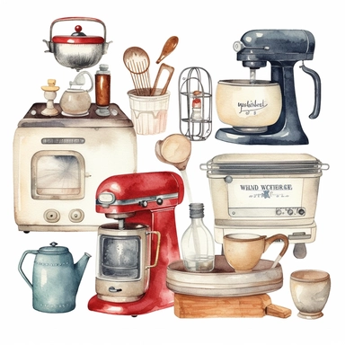 Infuse your designs with the whimsy of a retro kitchen with a watercolor clipart featuring vintage appliances and utensils, reminiscent of classic Americana. In HD on a white background.