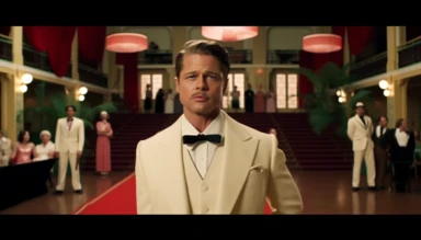 Brad Pitt as Aldo Raine from the movie Inglourious Basters in the style of the director Wes Anderson, full body shot, he is in the center of the photograph looking directly at the camera. He has a pencil moustache. He is wearing a white tuxedo jacket, black bow tie, red rose lapel clip, black pants. The background is the lobby of an art-decó movie theatre designed in the style of Wes Anderson in a Wes Anderson color palette, symmetrical, whimsical, ornate, planimetric composition,