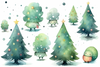 cute christmas tree watercolor clip art, in the style of chiho aoshima, jon j muth, rtx on, lucy grossmith, decorative elements, christcore