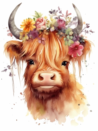 watercolor cute baby highland cow with flower crown and multicolored flowers, white background, children book illustration, 8k, ultra detailed clipart, warm colors