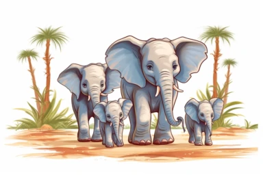 cute baby elephant walking through the dessert with its siblings Clipart, On White Background, Spaced out, Vector Graphic,