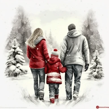 a Christmas Family Clipart Graphic of two children, a woman and a man their backs to the camera in a snowy landscape