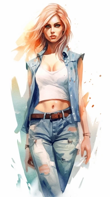 watercolor stylized clipart of a gorgeous irish woman bombshell in a white croptop and denim overalls, posing, epic light, chaotic,