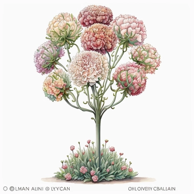 centered to frame watercolor clipart of Carnation topiary: A decorative arrangement of carnations arranged on a tall stem or frame, shaped into a ball or cone, by carolyn blish, isolated on white background