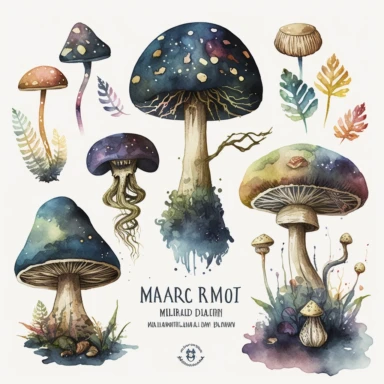watercolor magic mushroom clipart, dark fantasy, forest