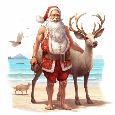 Beautiful Happy Face Santa Claus Standing On Beach for summer with his Reindeer Sublimation Clipart ,Cartoon,hyper realistic, intricate detail, illustration style,high solution,on the white background